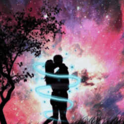 couple kissing against a galaxy sky